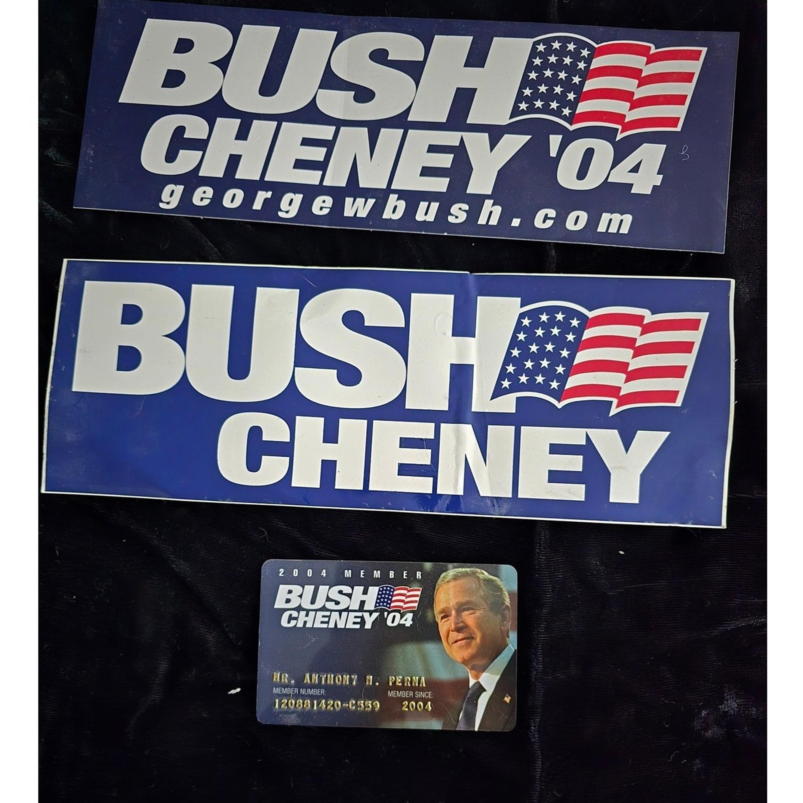 Bush Cheney 2004 Election Memorabilia 2 Bumper Stickers and 1 membership card