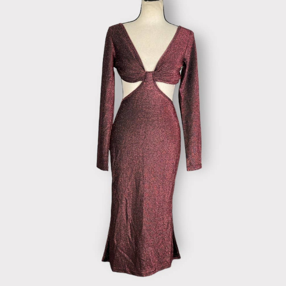 Lulu's Sparks of Love Midi Cocktail Dress Small Metallic Cutout Long Sleeve NWT
