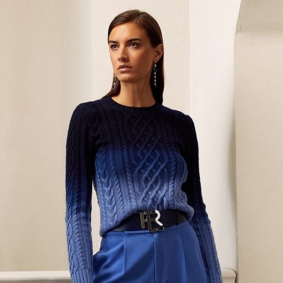 Ralph Lauren Purple Label/ blue Ombre Cable Knit Cashmere Sweater extra small XS