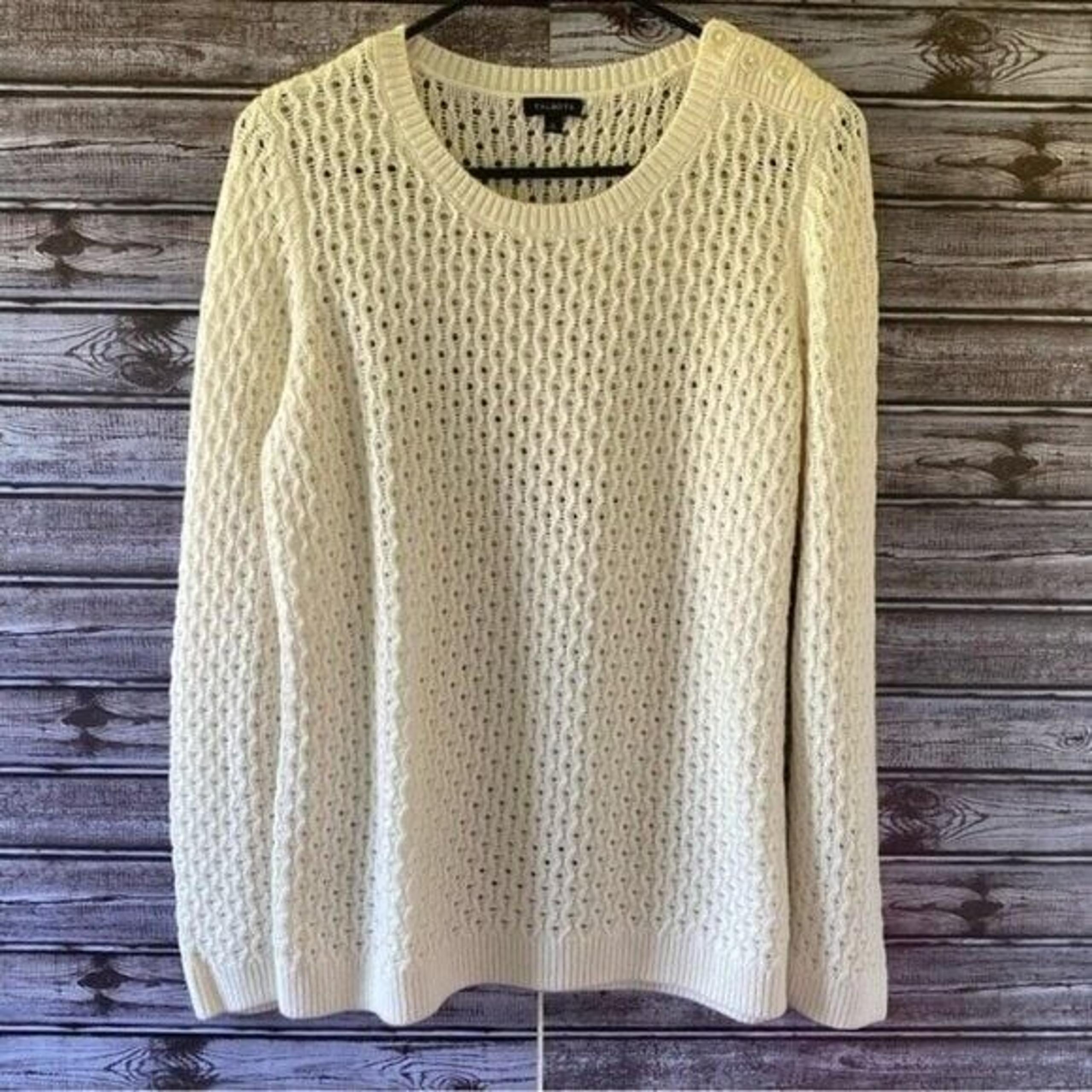 Talbots Women's Sweater Size M Off-White Lambswool Blend Open-Knit Pullover