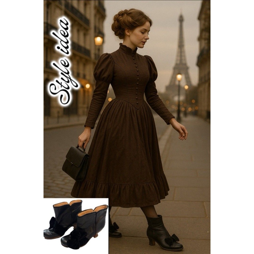 Women’s Black Leather Ankle Boots 36 Side Velvet Bow Vintage Style Victorian