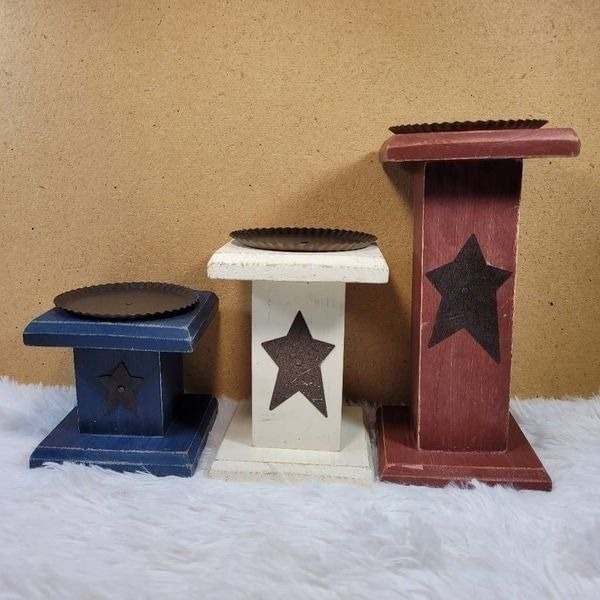 Lot Of 3 Handmade Star Wooden Candle Pillars Pedestals Holder Home Decor