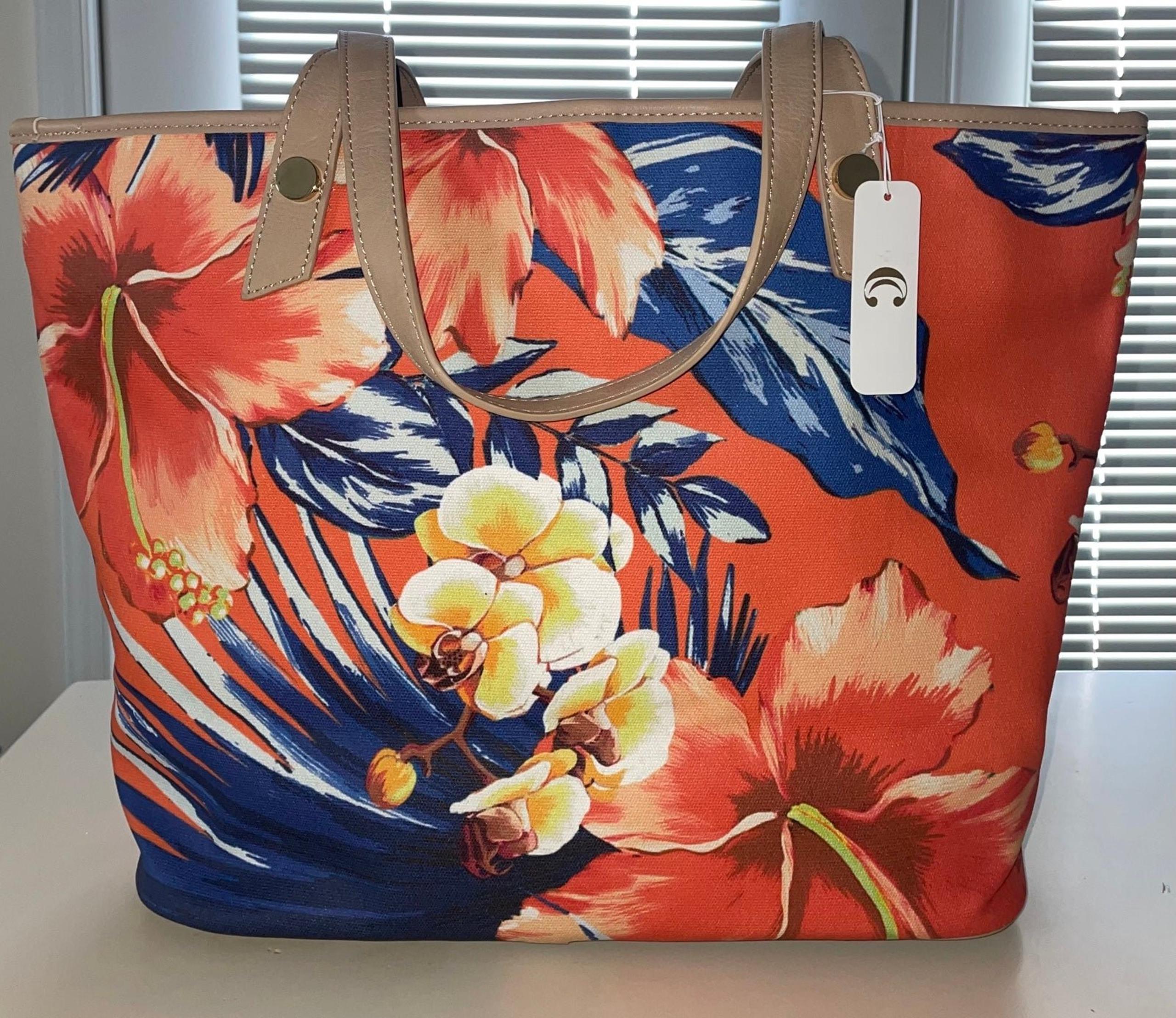NWT Charming Charlie Orange Floral Watercolor Canvas Tote