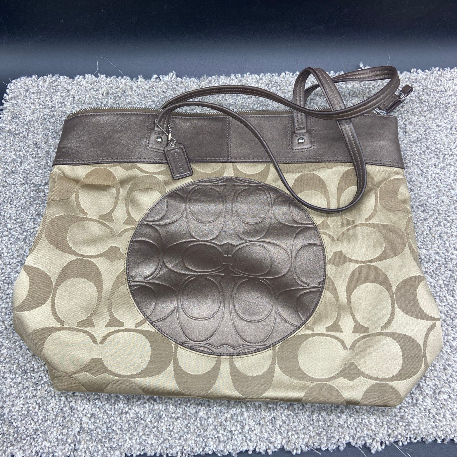 Coach Signature Laura Beige Brown Canvas Leather F18335 Tote Bag Shoulder 13x16