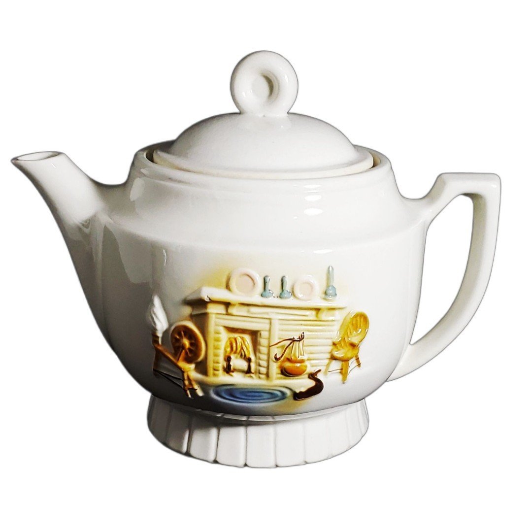 VTG Porcelier Vitreous China Teapot/Coffeepot Raised Hearth Scene Farmhouse Deco