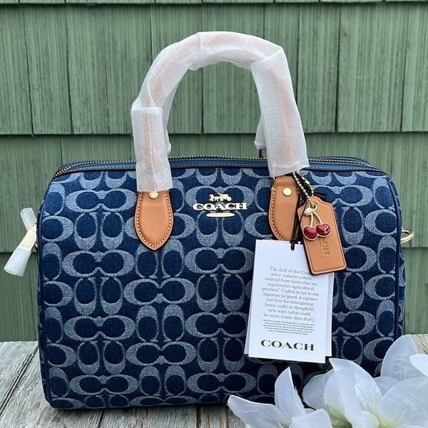 Rowan Large Satchel Bag In Signature Denim With Cherry Charm Crossbody Purse