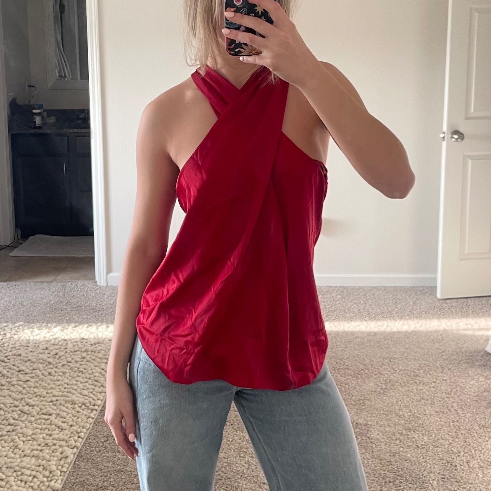 NWT Loft High-Neck Crossover Red Satin Halter Top Women's Size 16P