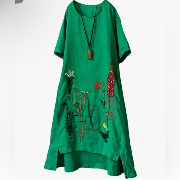Minibee Embroidered Linen Blend High Low Tunic Dress Size L Green Side Pockets