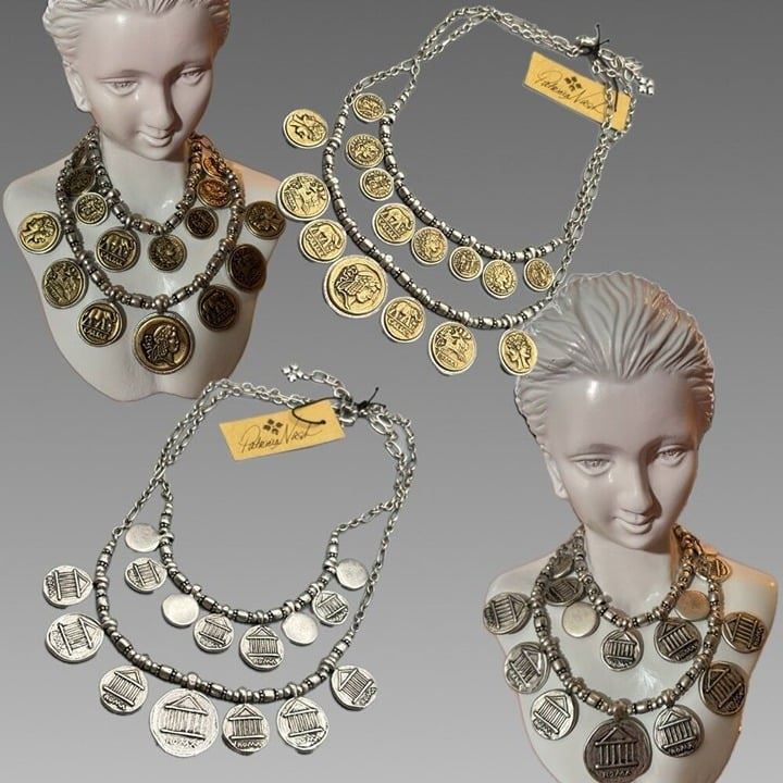 Patricia Nash Reversible Roman Coins Etched Beaded Chain Double Strand Necklace