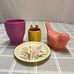 Spring Decor Accent Lot Purple Orchid & Mini Yellow Bunny Planters Ceramic Bird