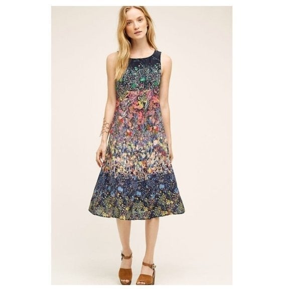 Anthropologie Women Maeve Larkspur Floral Silk Midi Dress Sleeveless Blue Size 0