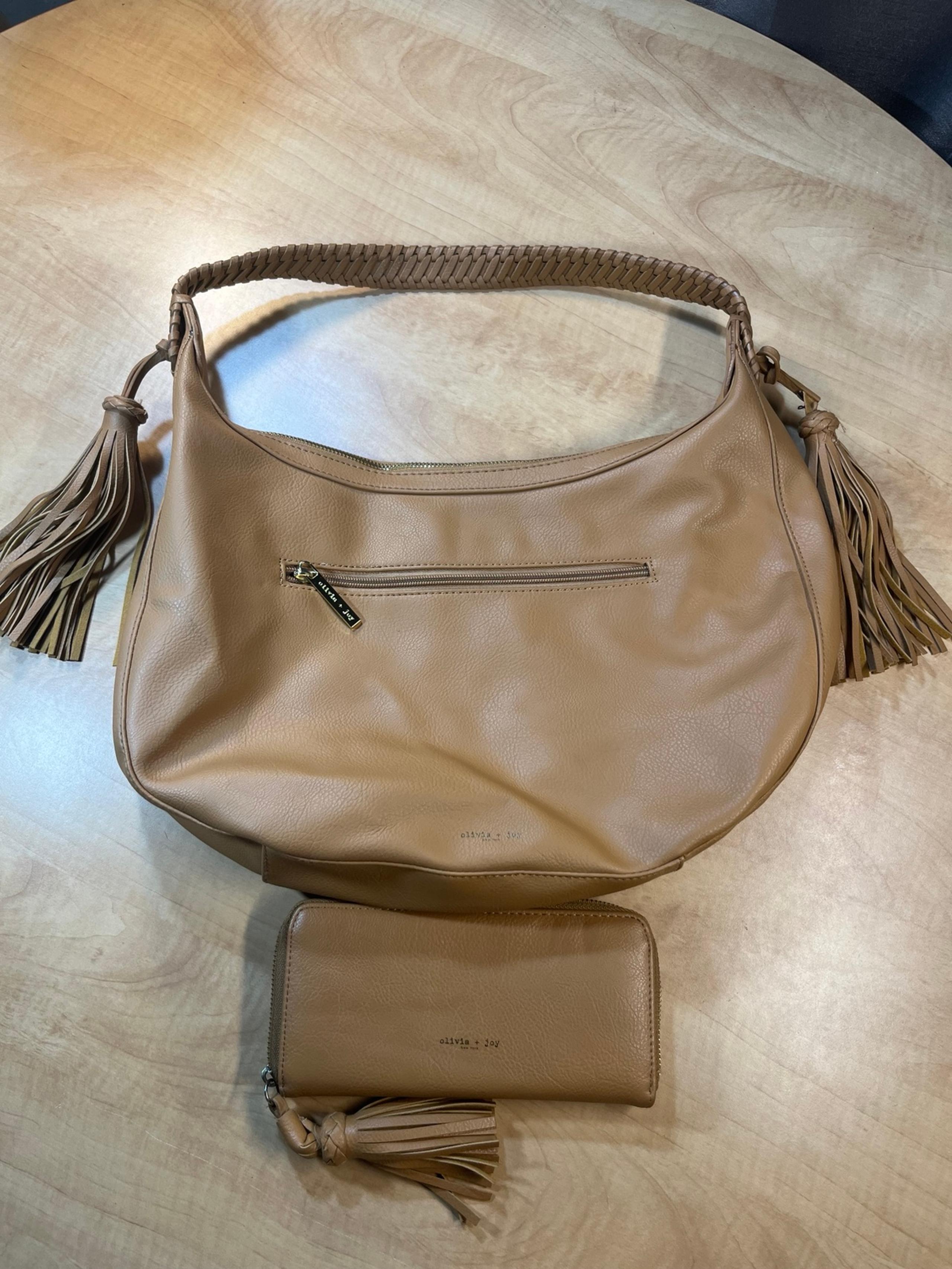 Olivia + Joy tan tassle shoulder bag purse with matching wallet