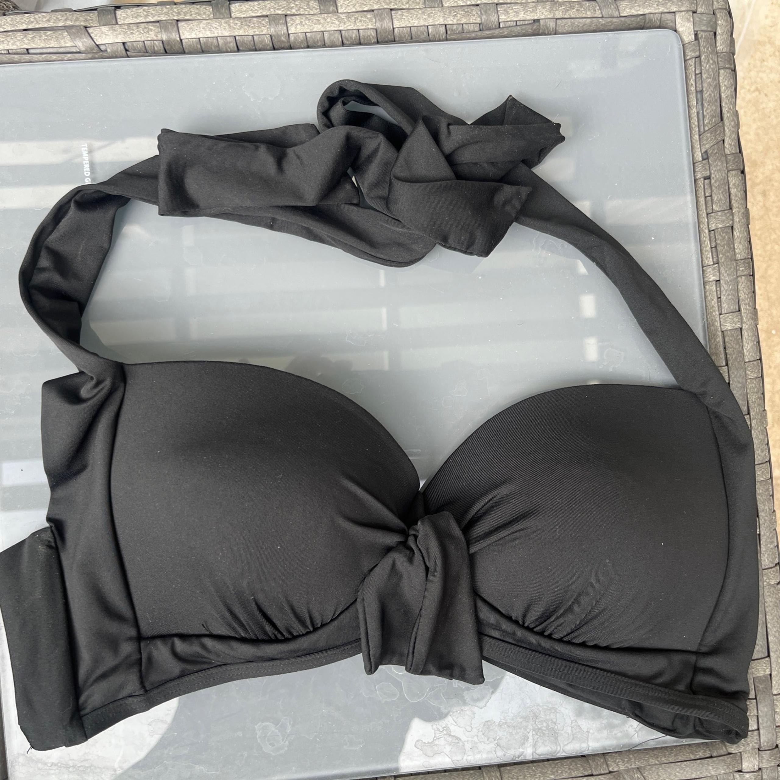 Liz Claiborne Bikini Swim Top Sz M black Halter Wide Strap Tie Bow Front