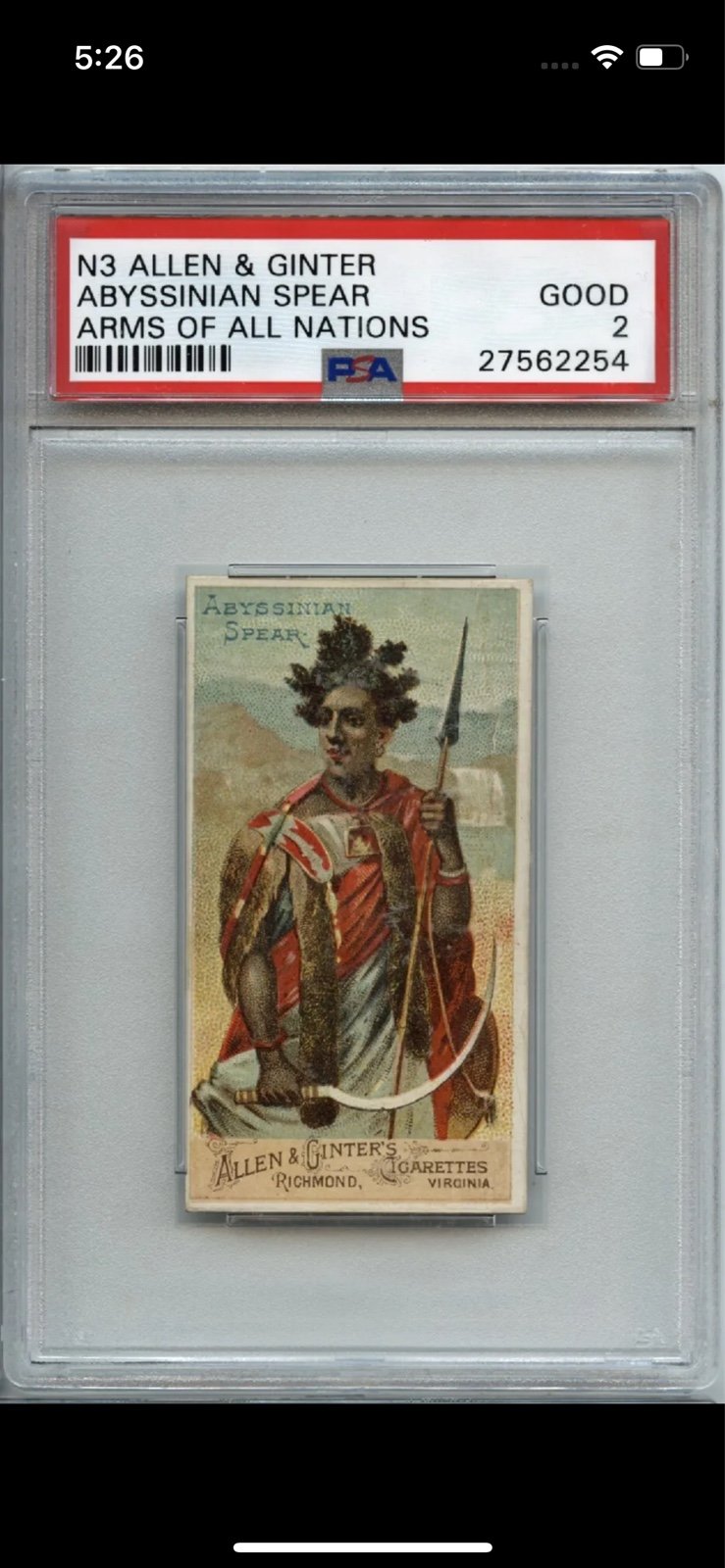 1887 N3 Allen & Ginter Abyssinian Spear Card ( PSA GD/2 )