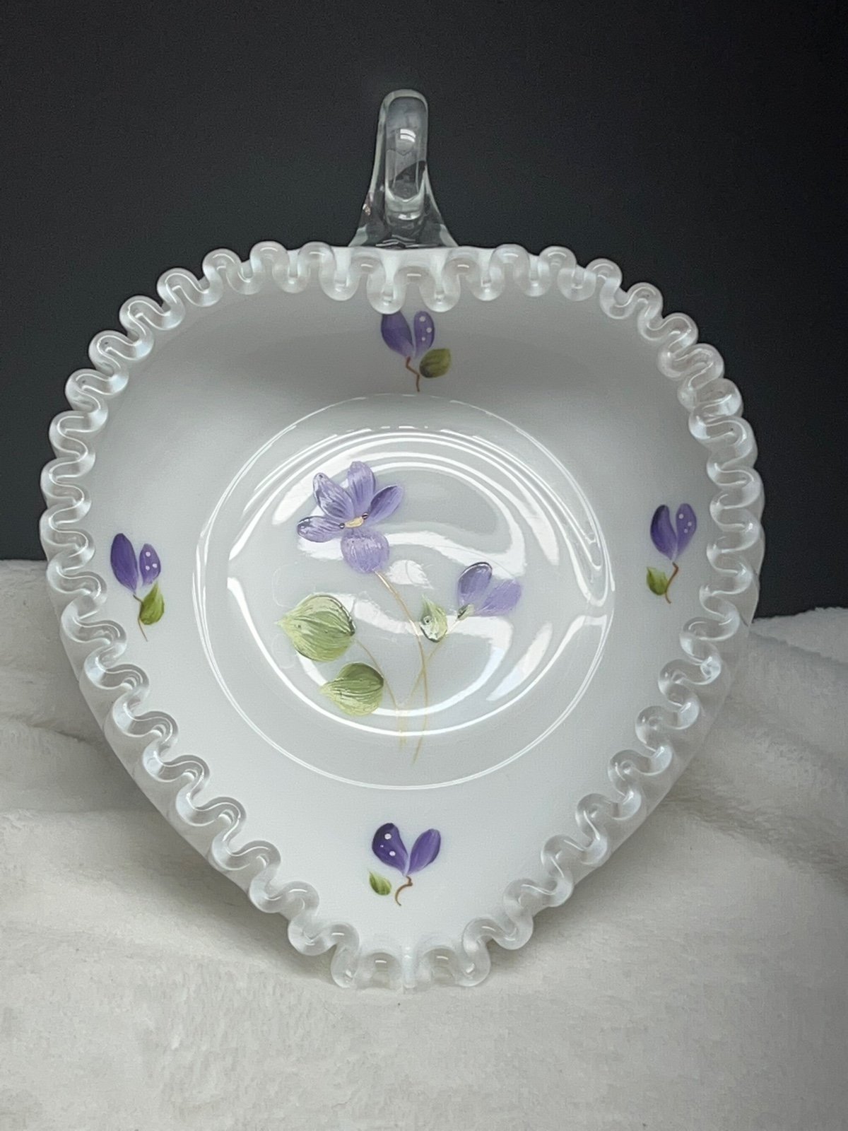 Fenton HP Violets in the Snow Silver Crest Nappy/Relish Dish