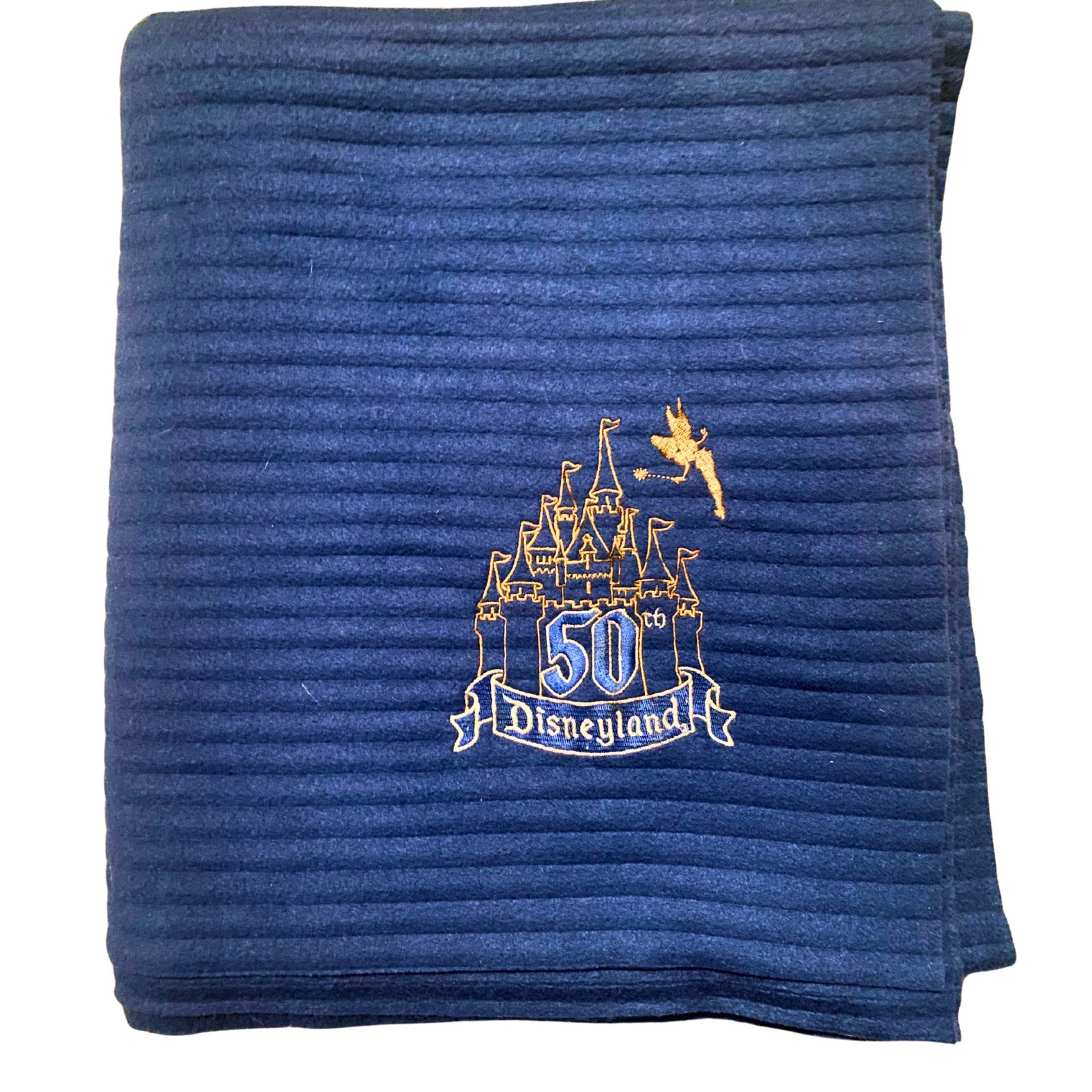 Disneyland 50th Anniversary Blue Ribbed Fleece Throw Blanket Tinkerbell & Castle