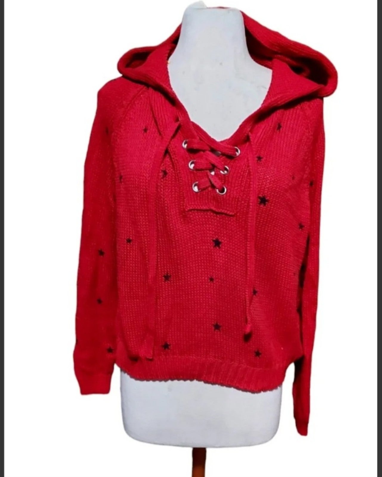 wooden ships sweater S/M Red Knit Blue Stars Holiday Hooded Slouchy High Low dim