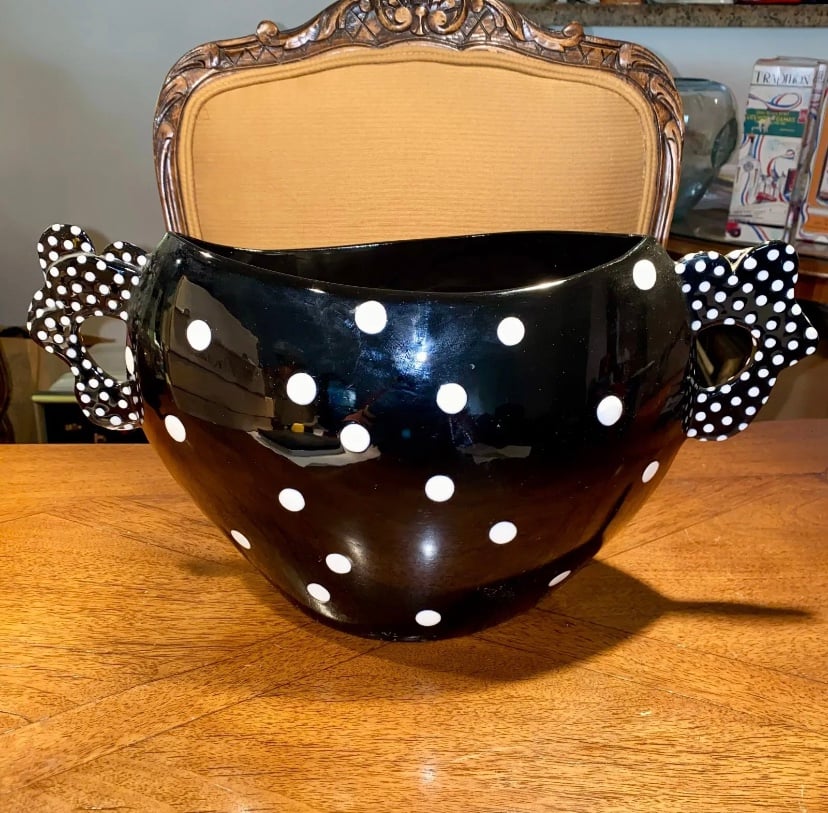 Vintage 8” Tall Black & White Polka Dot Vase