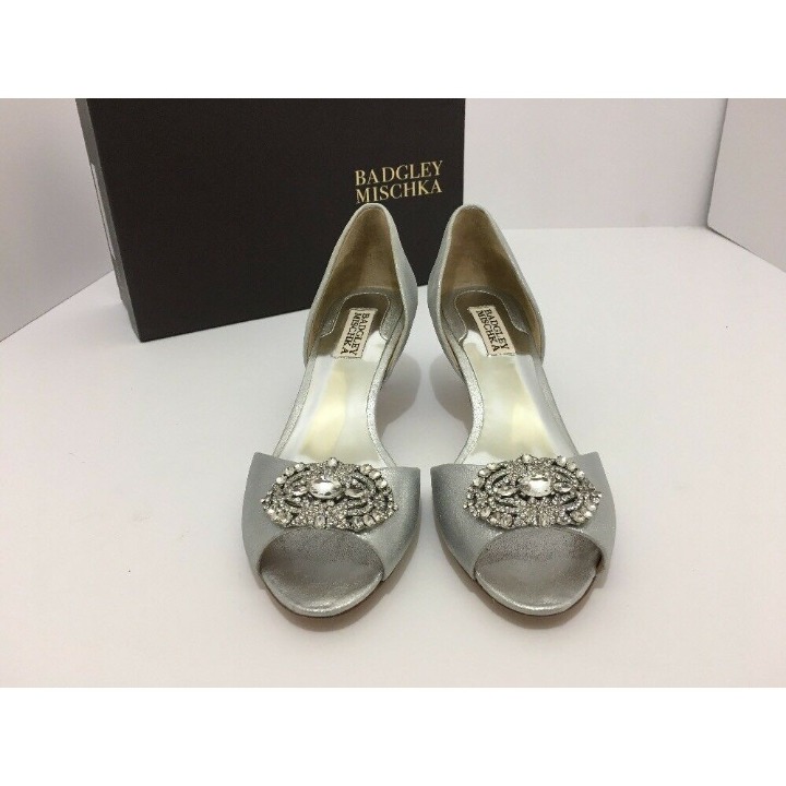 Badgley Mischka Petrina Women's Bridal Pumps Silver Metallic Suede US 7.5 M