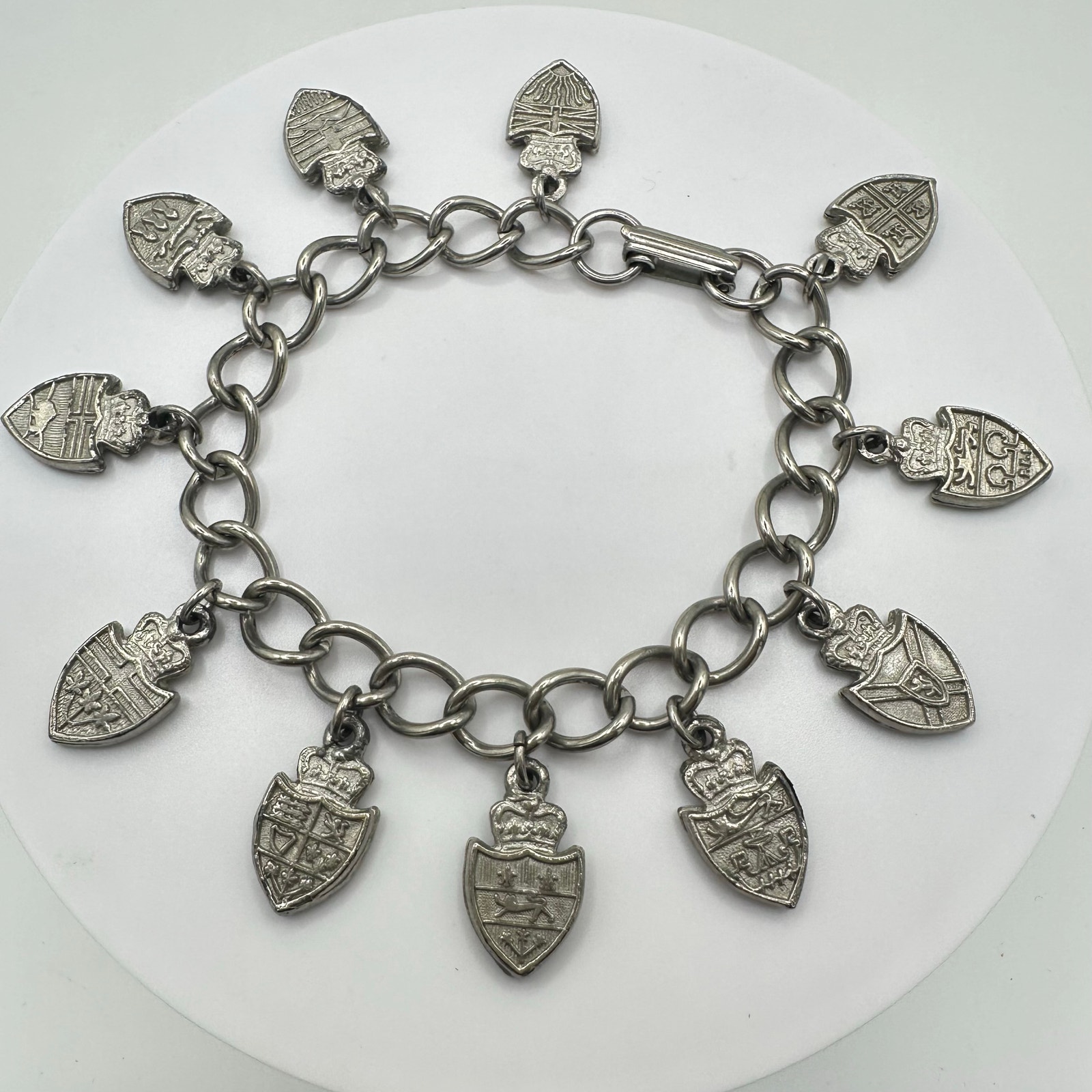 1960s vintage silver tone Heraldic shield crest coat of arms 10 charm bracelet