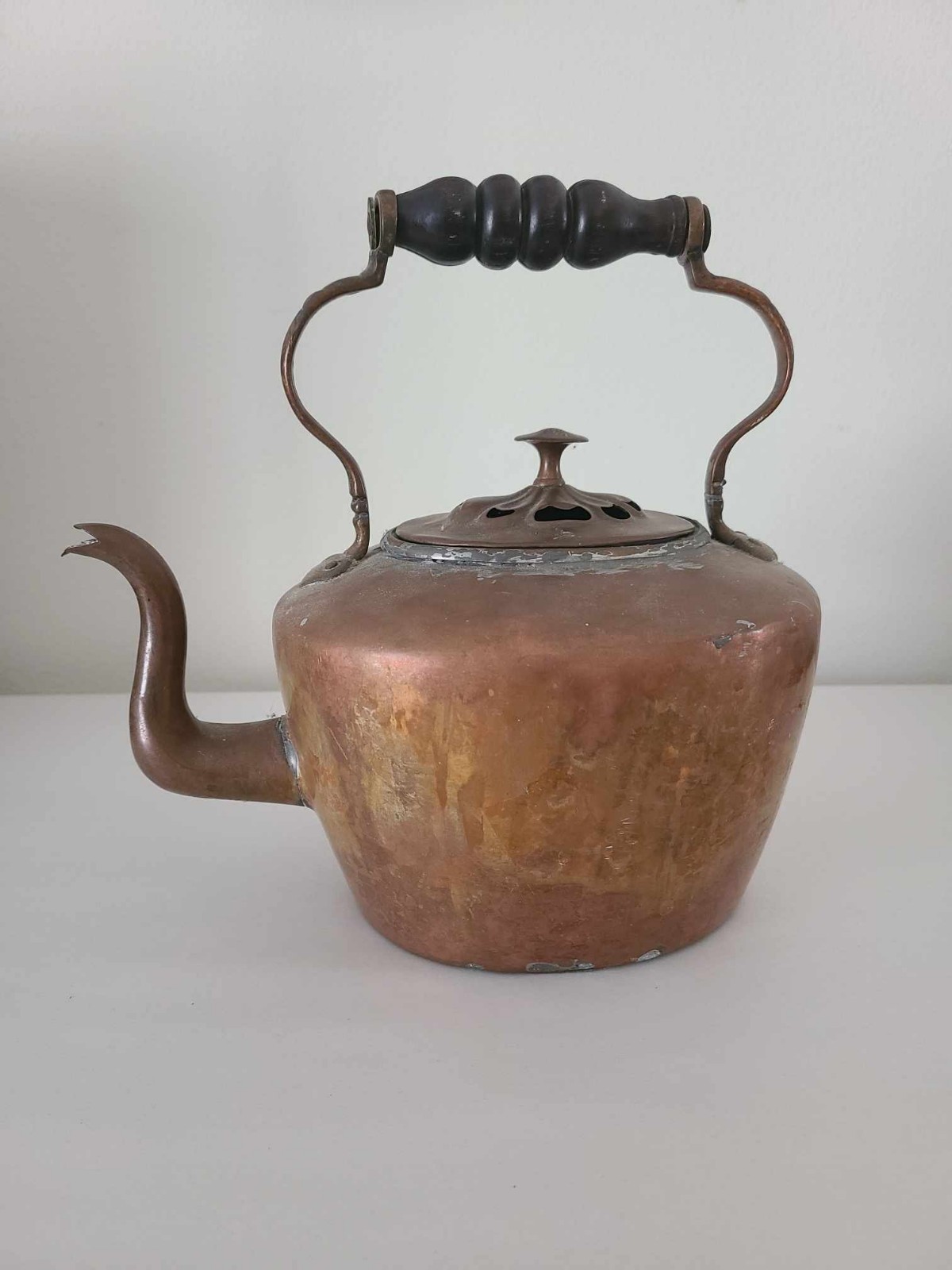 VTG Early 20th Century English French Brass Copper Ornate Lid Wood Handle Kettle