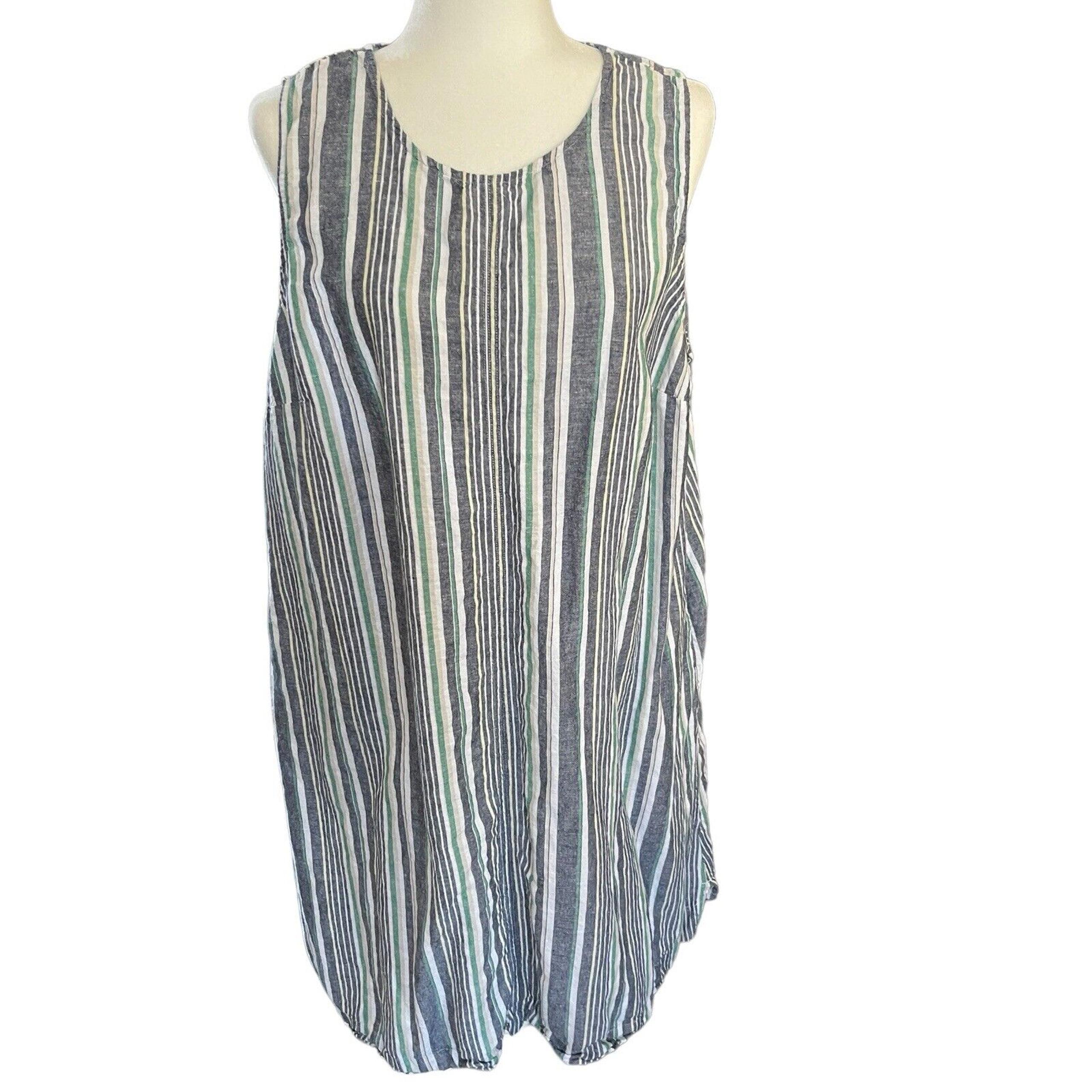 Liz Claiborne Dress Womens Plus Size 1X Striped Linen Cotton Pockets Knee Length