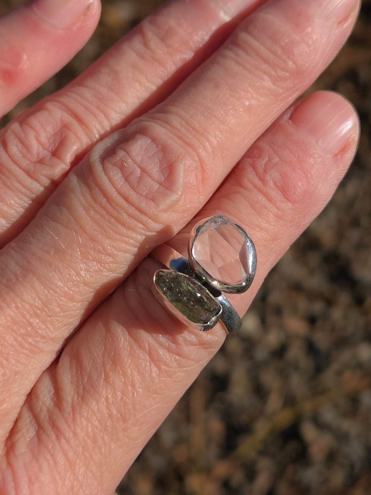 Czech Republic Moldavite/Herkimer Diamond Ring sz 7.5