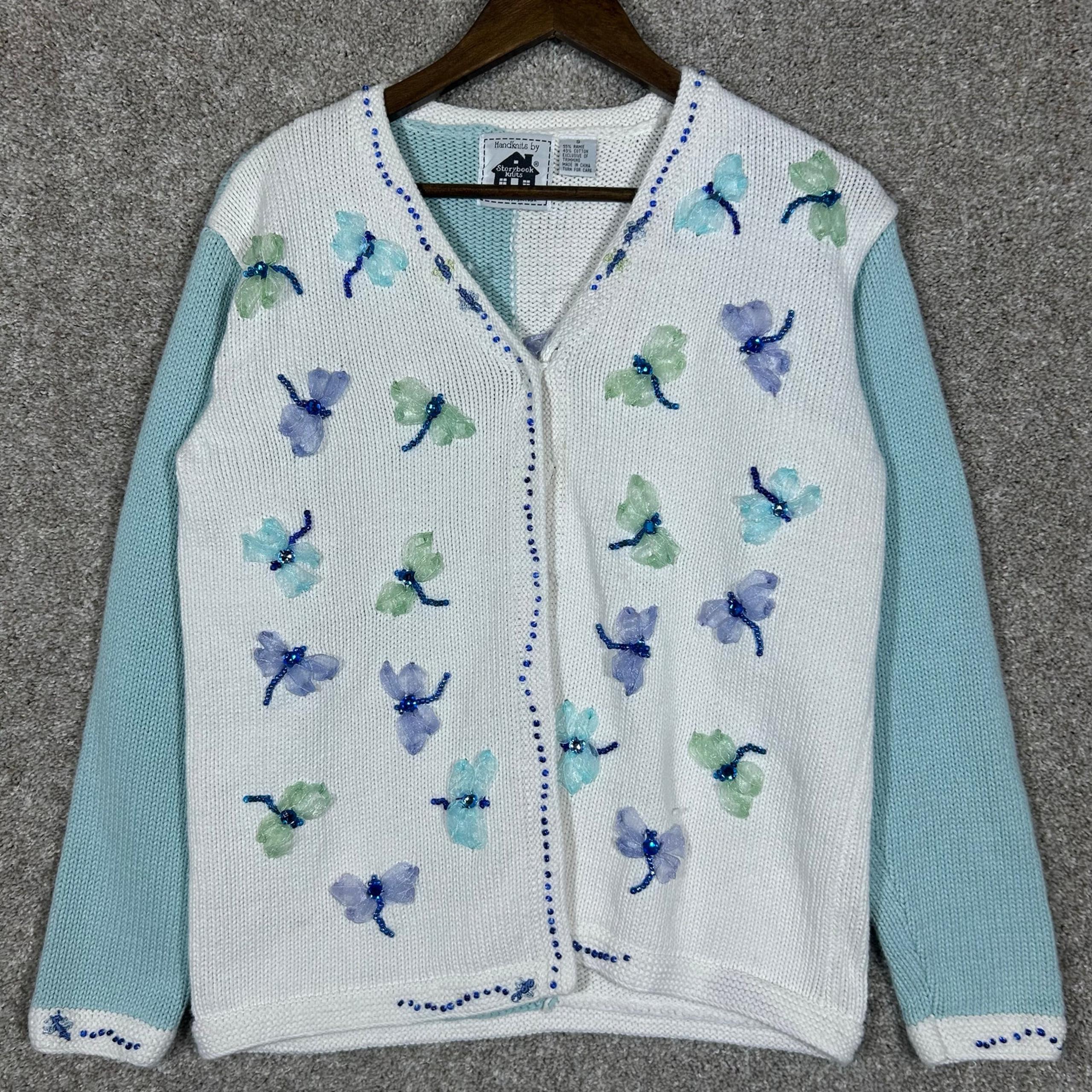 Storybook Knits Ramie Cardigan Sweater Beaded Floral Dragon Flies Size Small