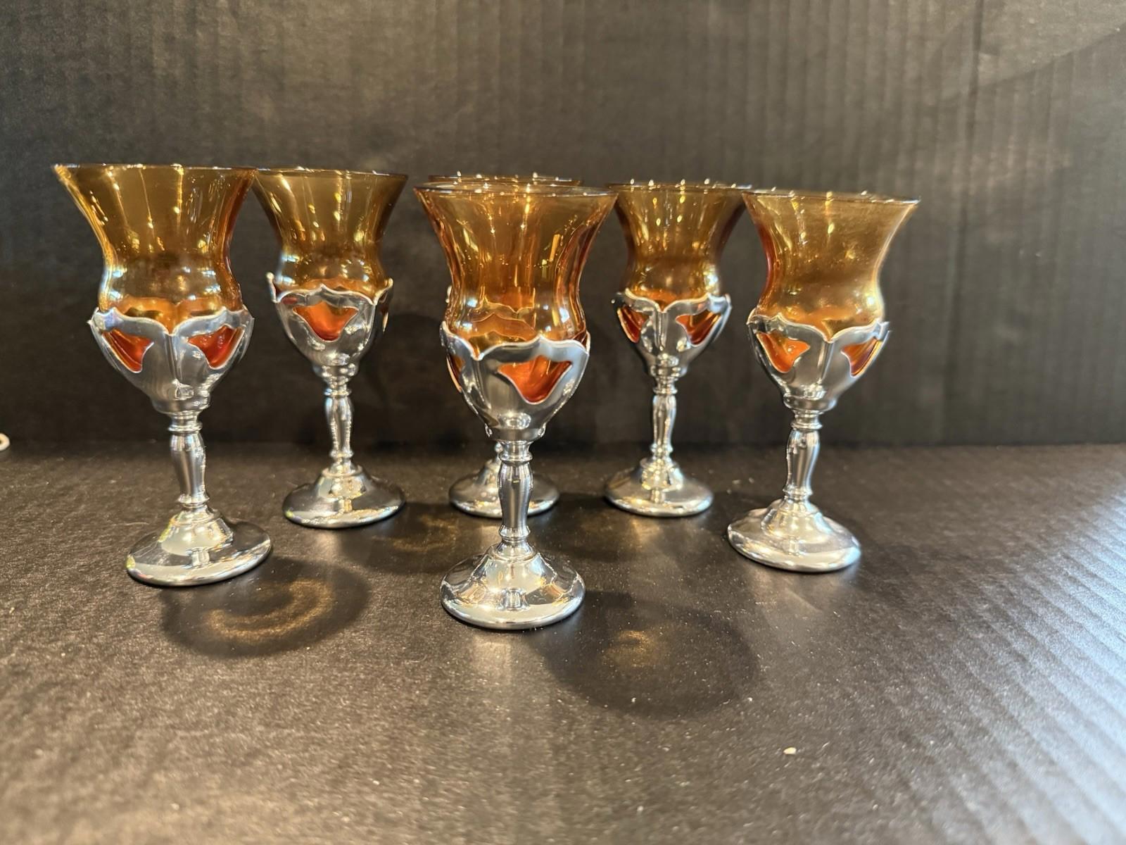 Set of 6 Vintage Amber Cordial Glasses with Ornate Silver Holders Mid Century