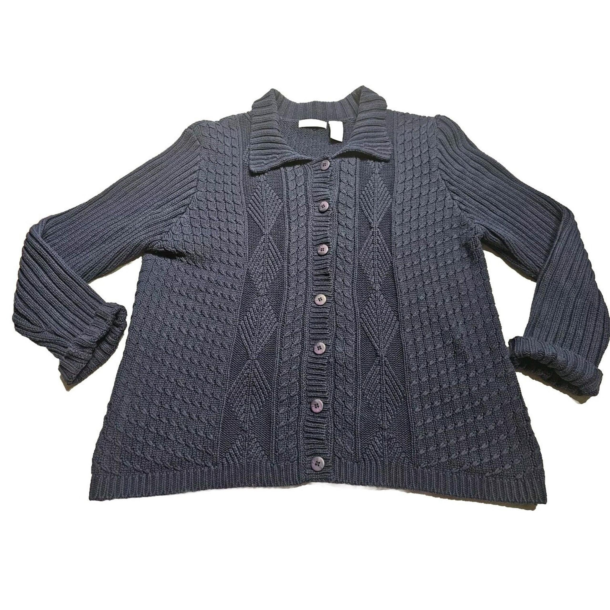 Orvis Sweater Womens XL Navy Cotton Button Up Cable Knit Cardigan Collard VTG