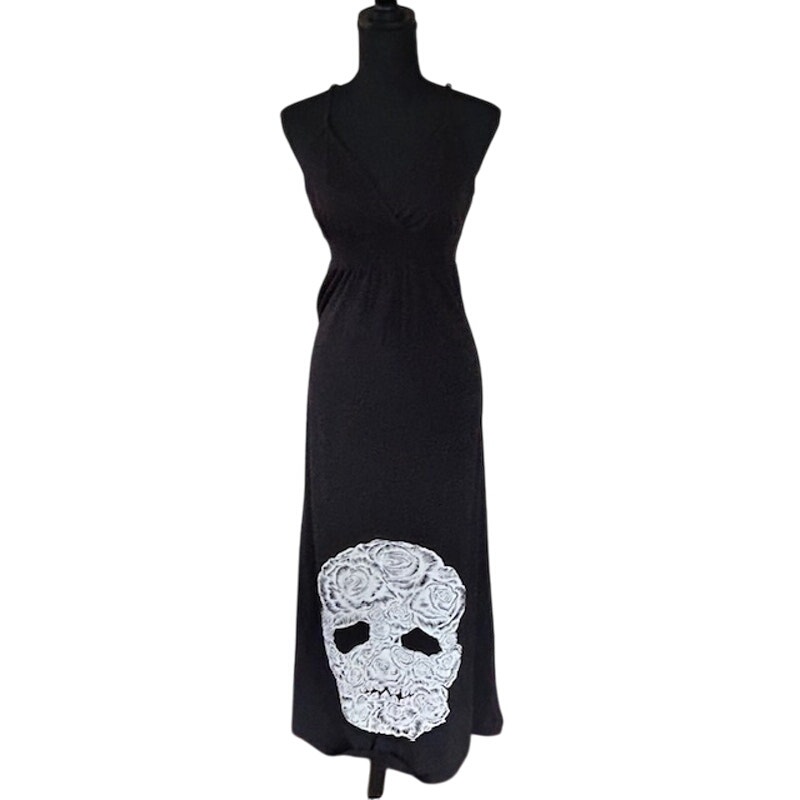 Lauren Moshi White Rose Skull Spaghetti Strap Black Maxi Dress, size Medium