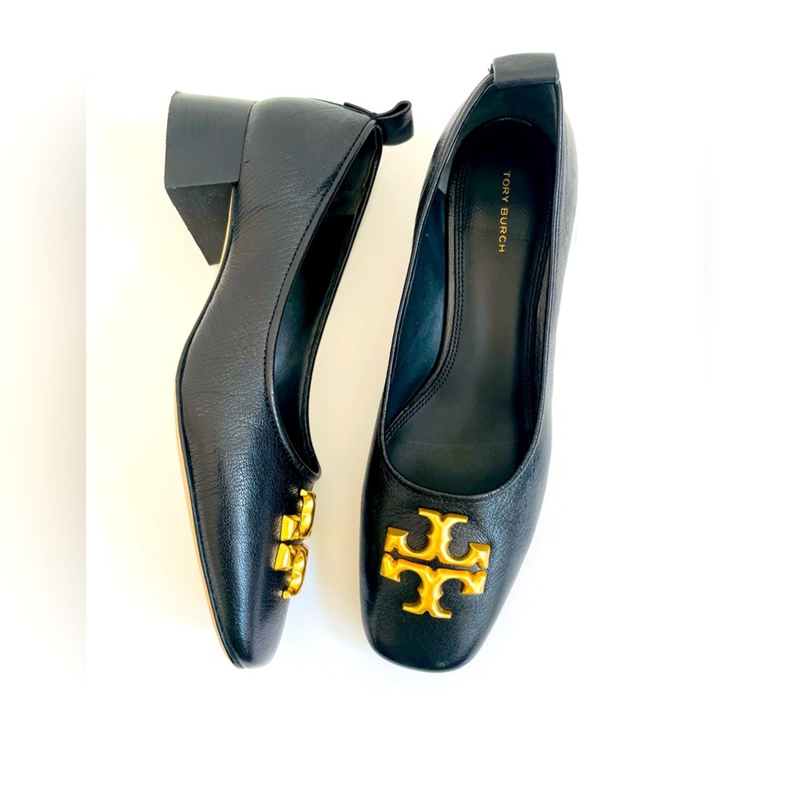 Tory Burch Black Leather Eleanor Logo Plaque square toe pumps 10.5