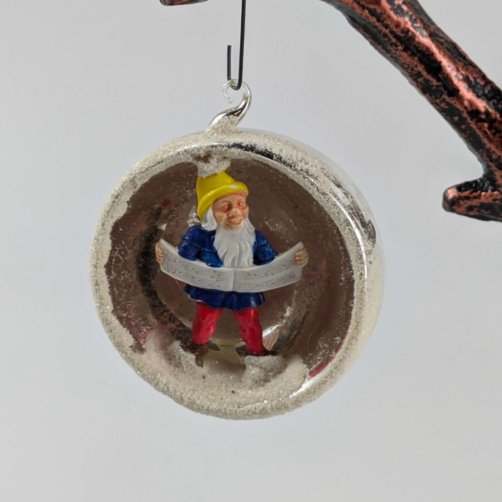 60s Diorama Christmas Ornament Celluloid Gnome Silver Mica Authentic Vtg Holiday