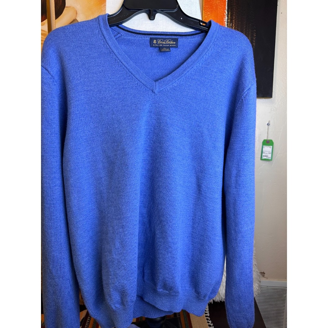 Brooks Brothers Mens Sweater V Neck Merino Wool Blue sz XL