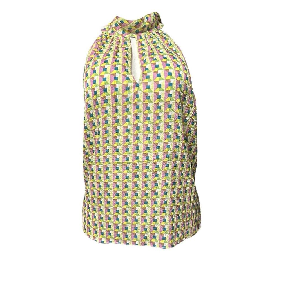 Tanya Taylor Womens Geometric Tie Neck Keyhole Top Blouse Yellow Pink Green Sz 6
