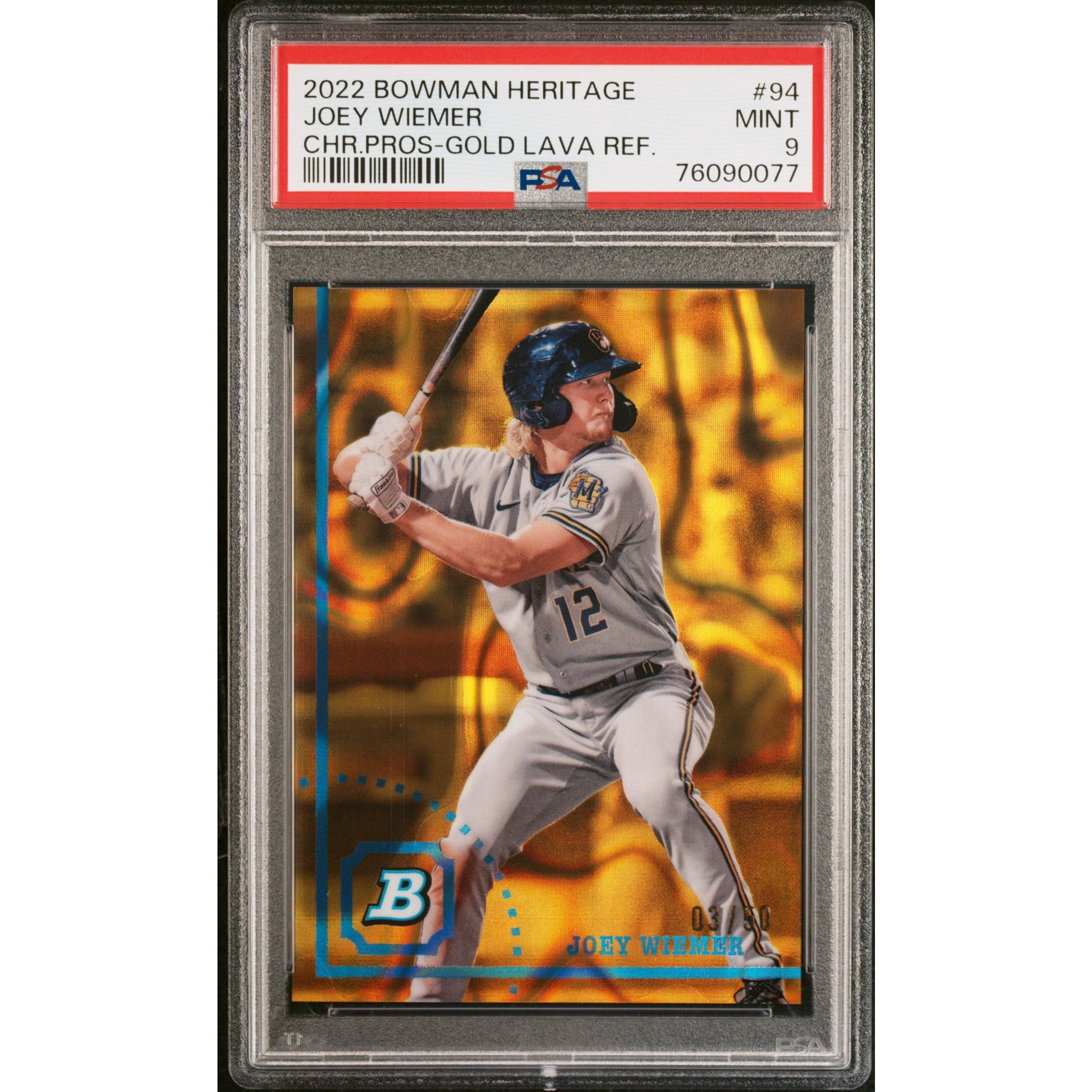 2022 Bowman Heritage Chrome Prospects Gold Lava Refractor 03/50 Joey Wiemer #94