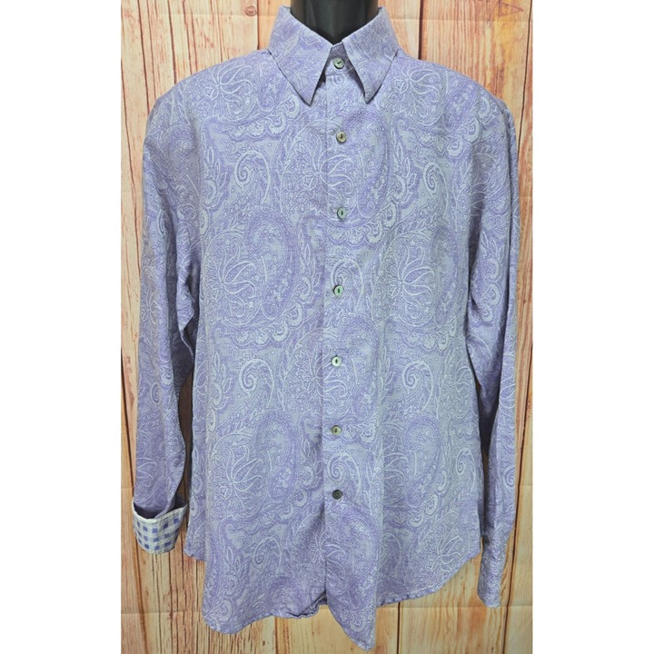 Robert Graham Mens Classic Fit Purple Paisley Linen-Cotton Button-Up Shirt Large