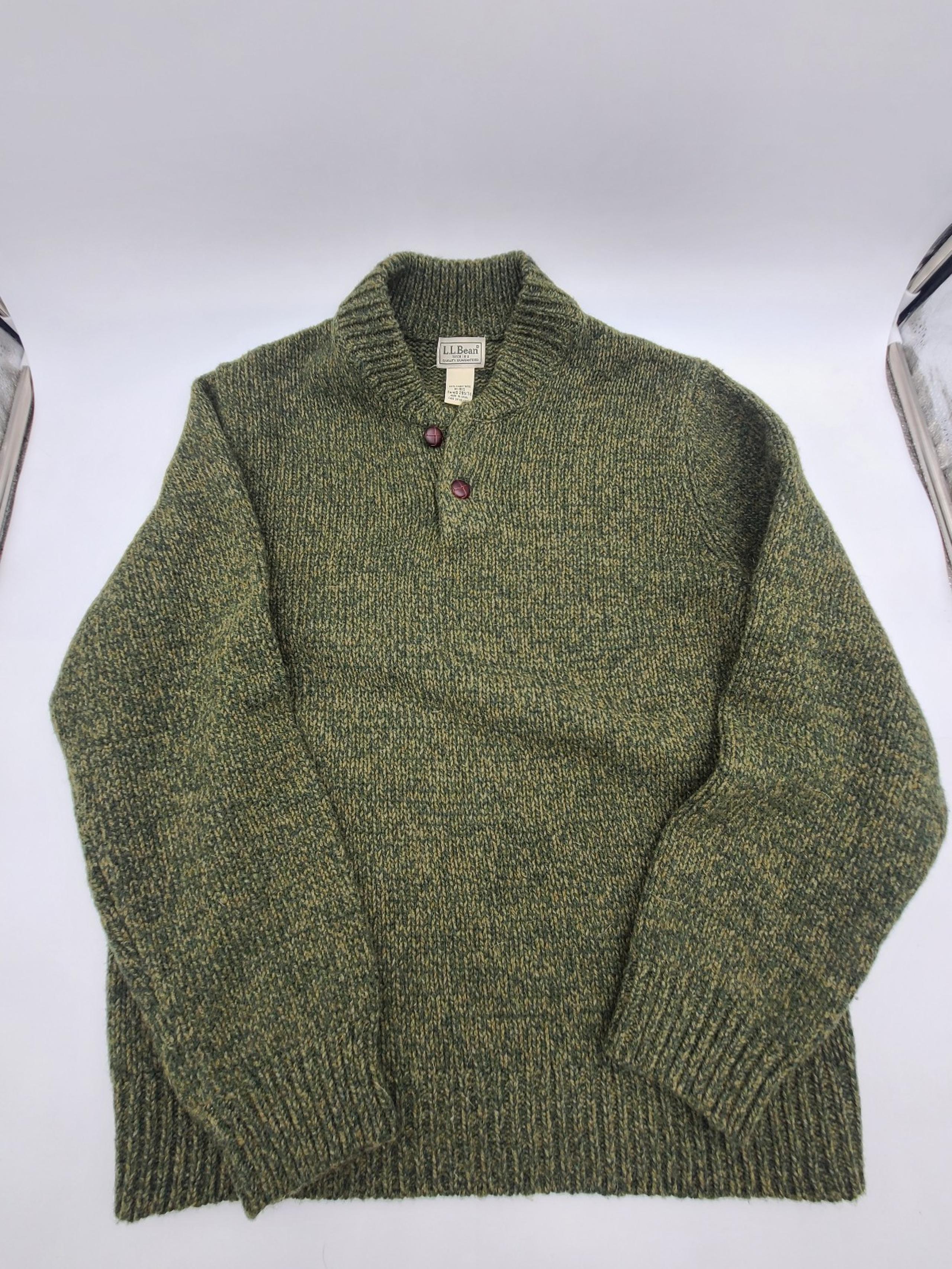 Mens Medium L.L Bean Sweater Green Classic Ragg Wool Henley Knit 100% Lambs Wool