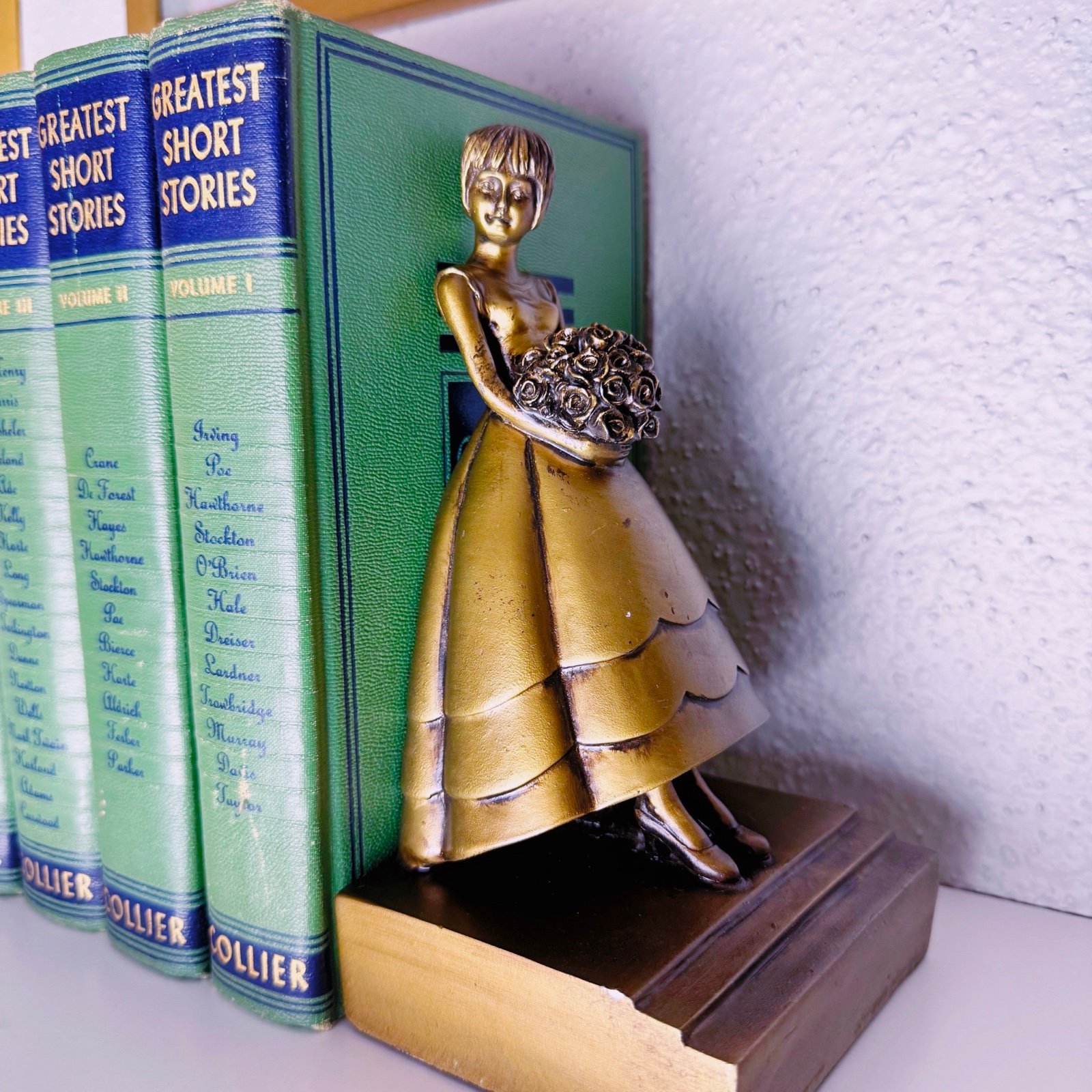 1960s Vintage Bronze Bookend – Girl w/ Flower Bouquet Figurine, Heavy Cast Metal