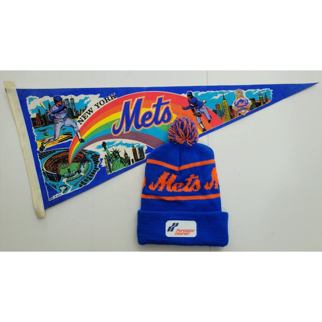 Lot of 2: Vintage NEW YORK METS Pennant (29 ) + Purolator Promo Knit Beanie Hat
