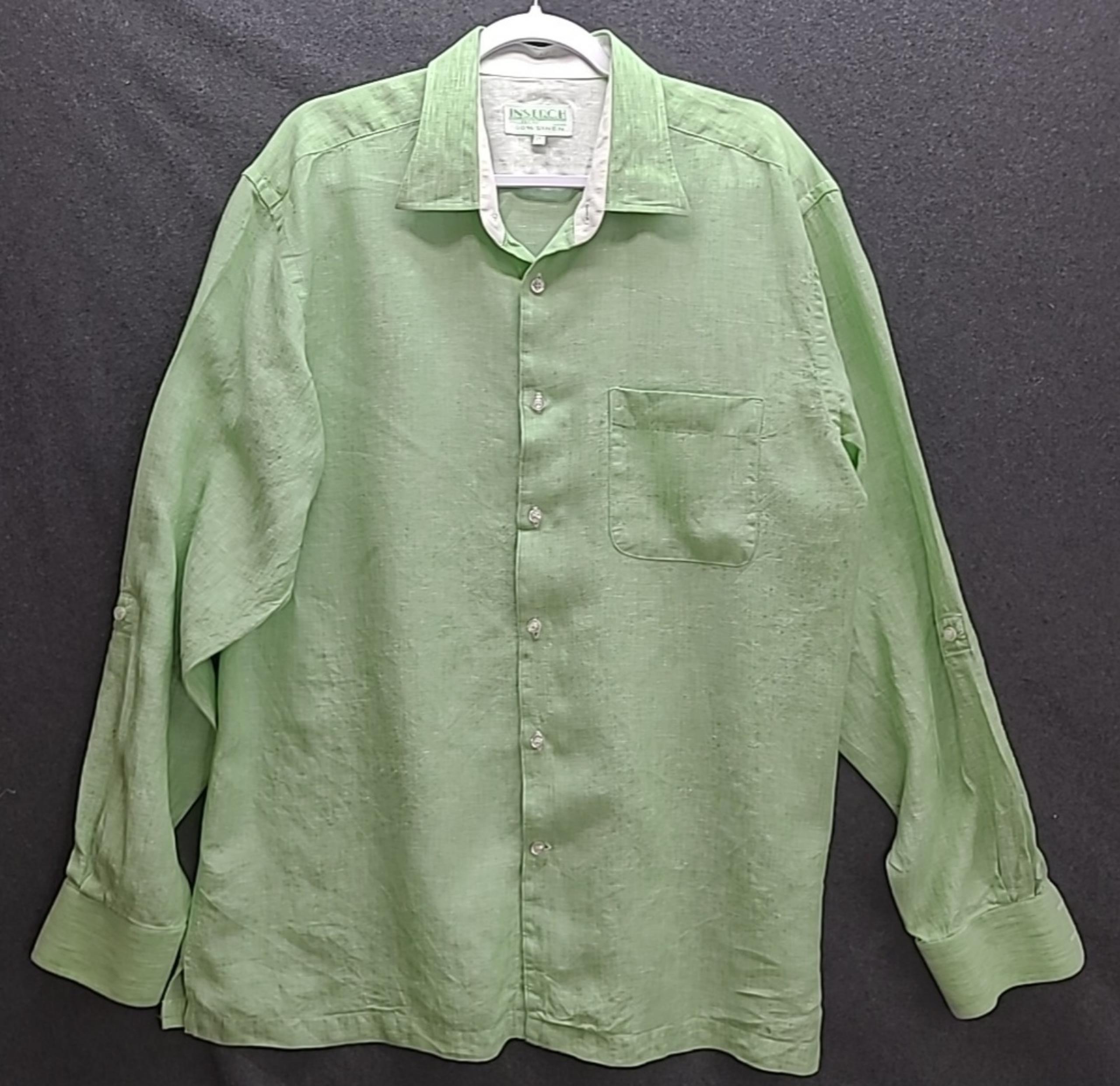 Inserch Mens Linen Shirt XL Green Roll Tab Sleeve Button Up