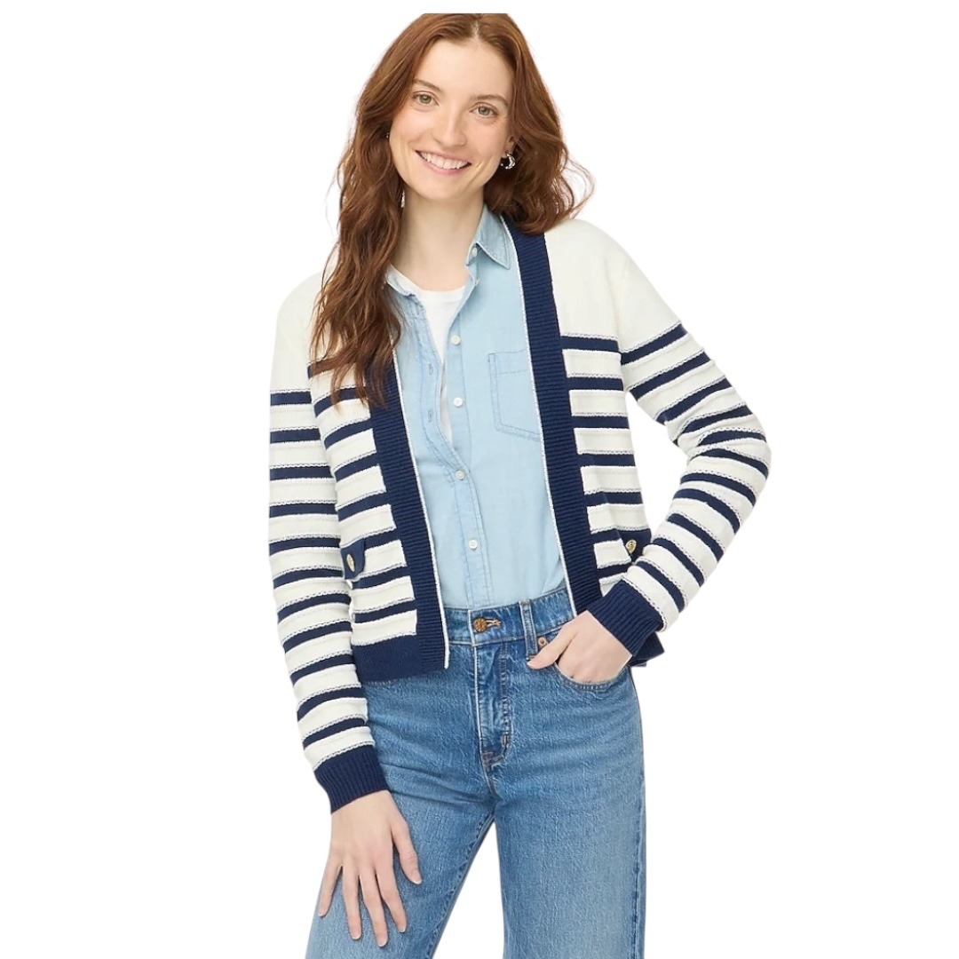 J.Crew Striped Open Cardigan Sweater Size 2X Gold Button Pockets Nautical