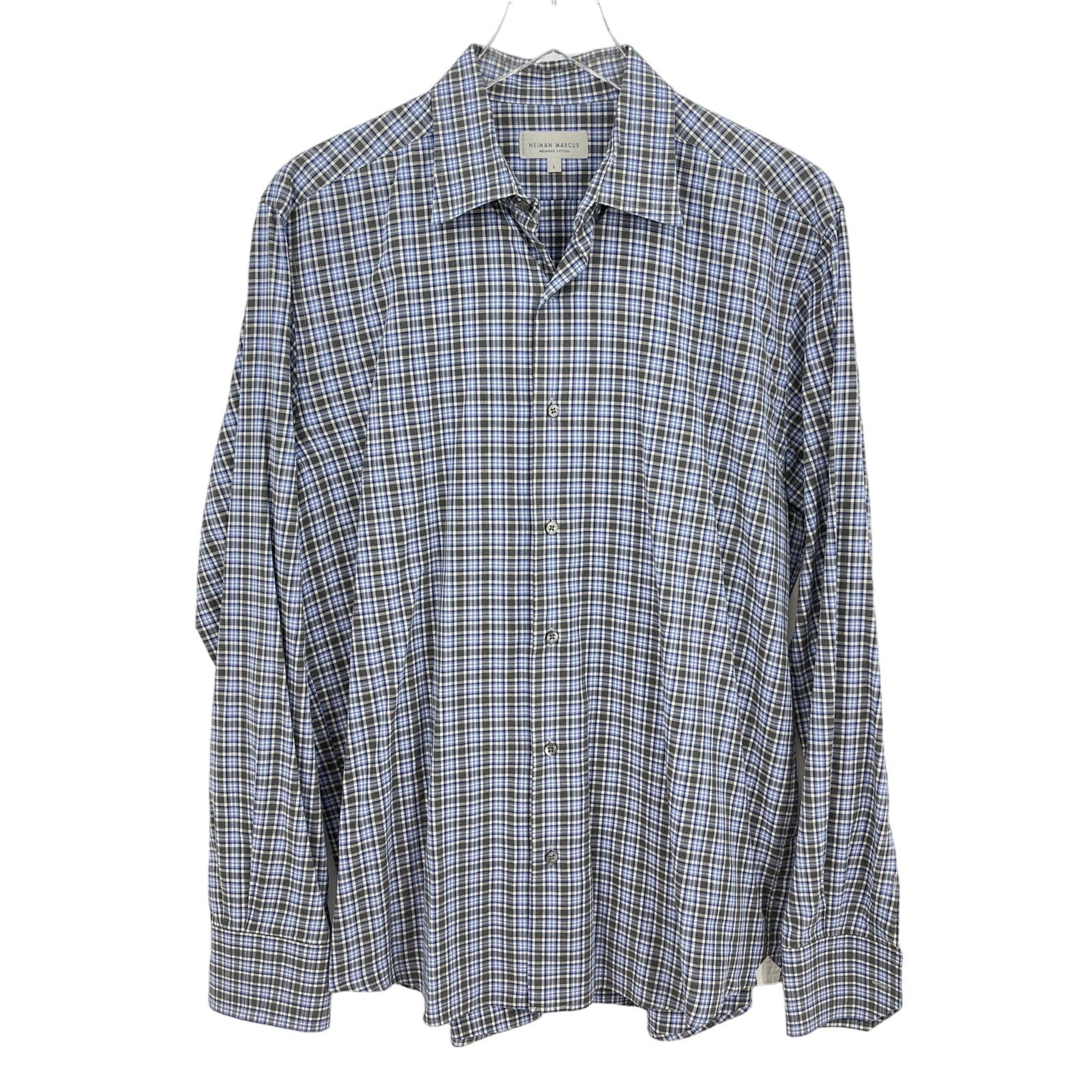 Neiman Marcus Men's Large Blue Gray Plaid Cotton Long Sleeve Button Down Shirt