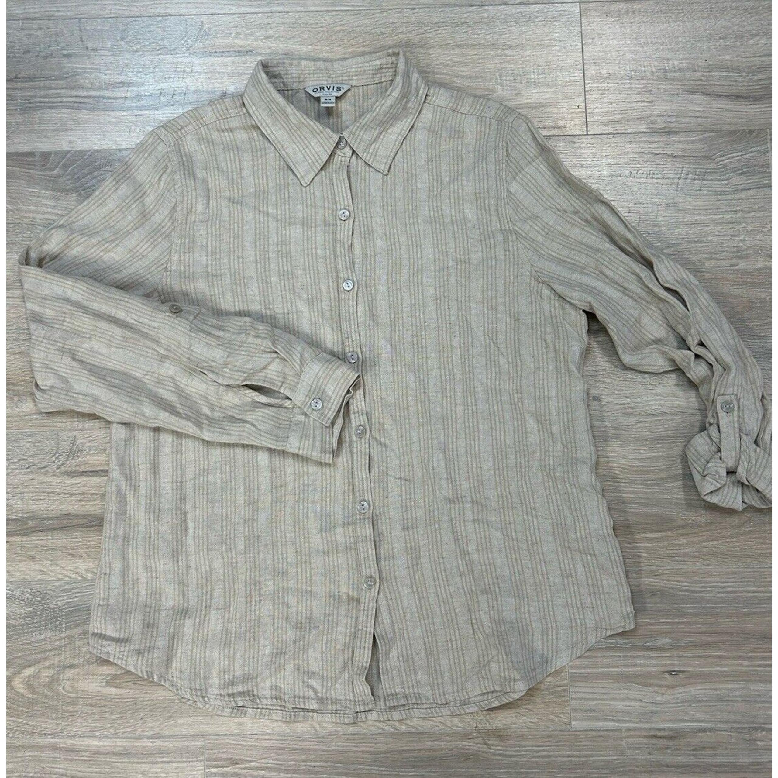 ORVIS Women’s Long Sleeve, Button Down, Linen Blend Blouse Top Shirt Tan Sz Med