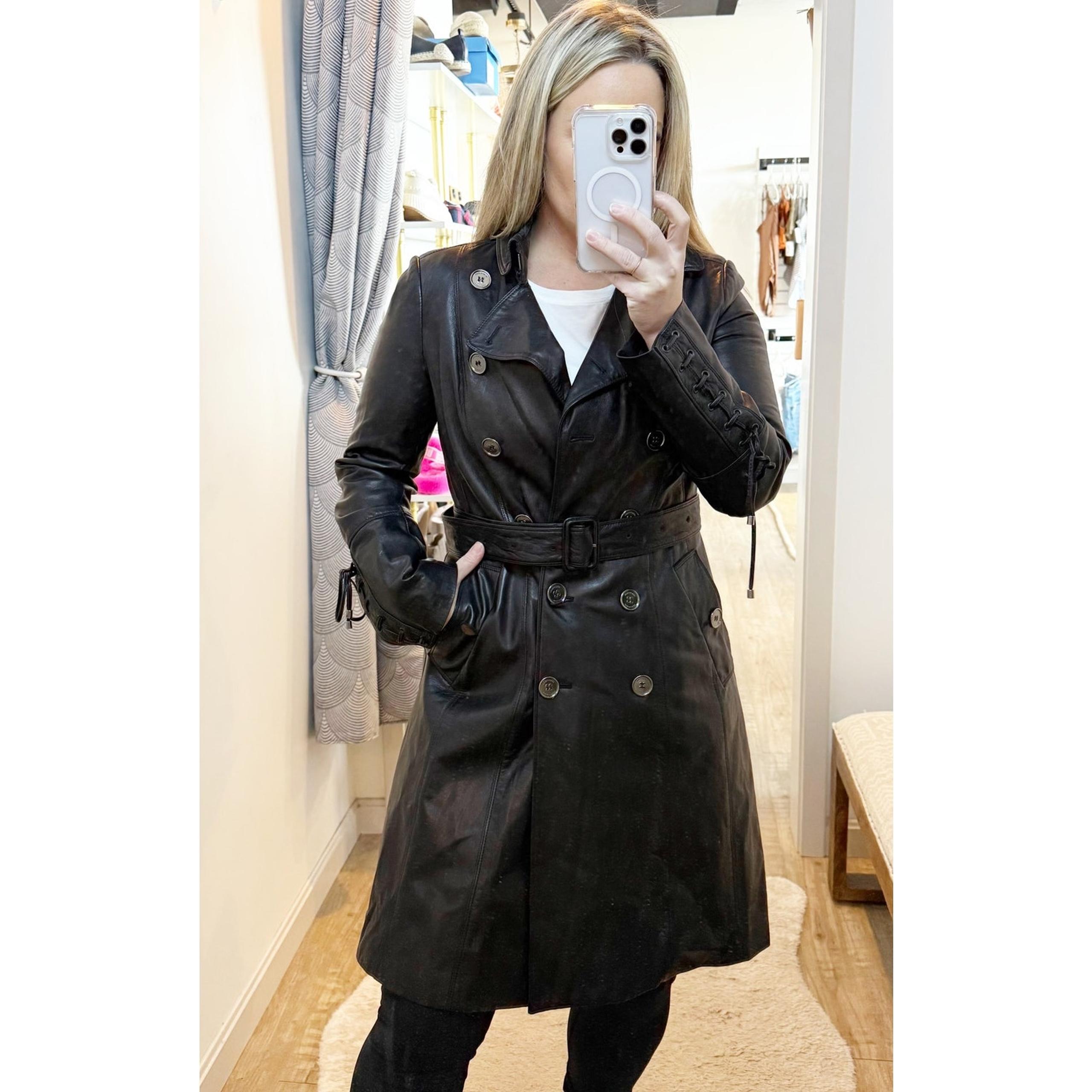 100% Lambskin Leather Belted Double Breasted Trench Coat Black 8 - Burberry