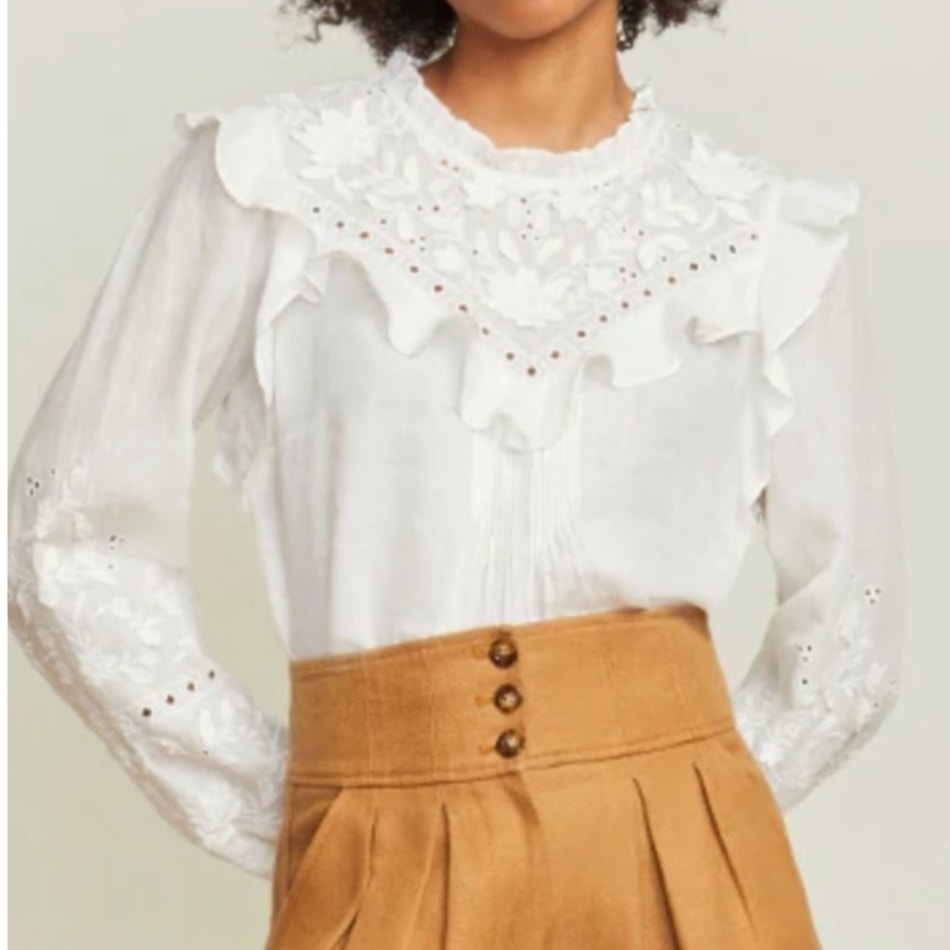 VERONICA BEARD White Lace Embroidered Ruffle Long Sleeve Espalier Blouse size 8