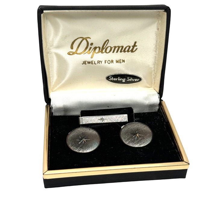 Vtg Diplomat JML Sterling Silver Men’s Oval Starburst Cufflink and Tie Clip Set