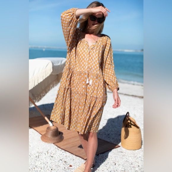 Emerson Fry / Clemence button front tassel tiered long sleeve dress large L