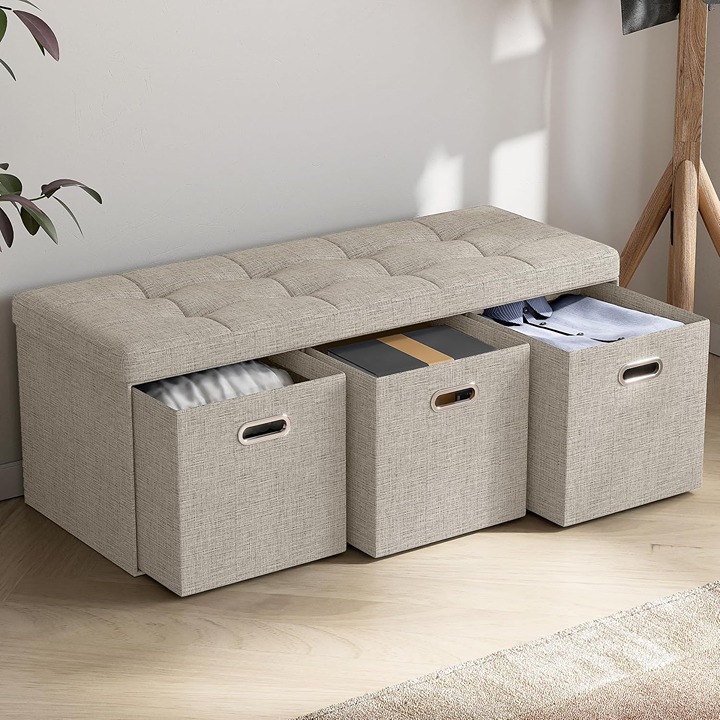 Home Foldable Tufted Linen Large Long Bench Storage Beige