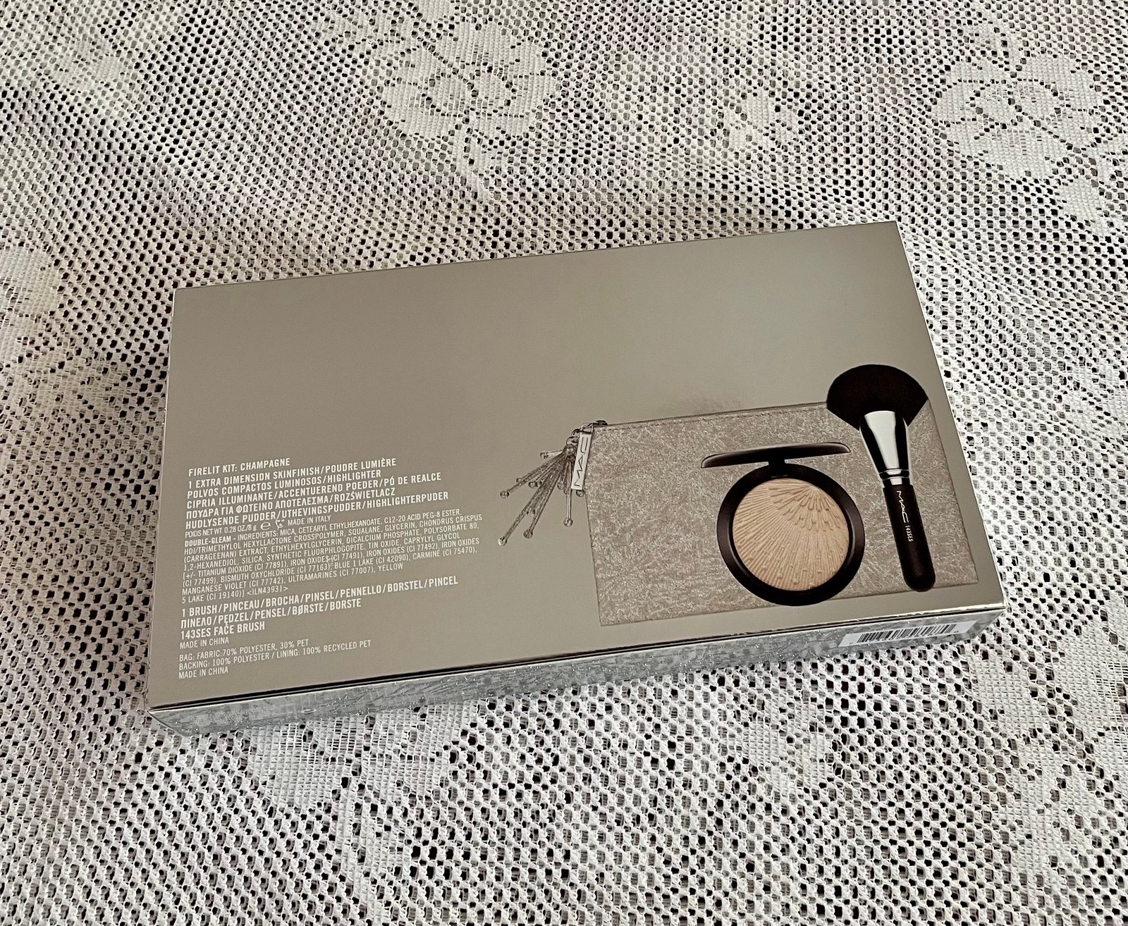 MAC Firelit Kit CHAMPAGNE Skinfinish Highlighter Double Gleam &Fan Brush 143 NEW